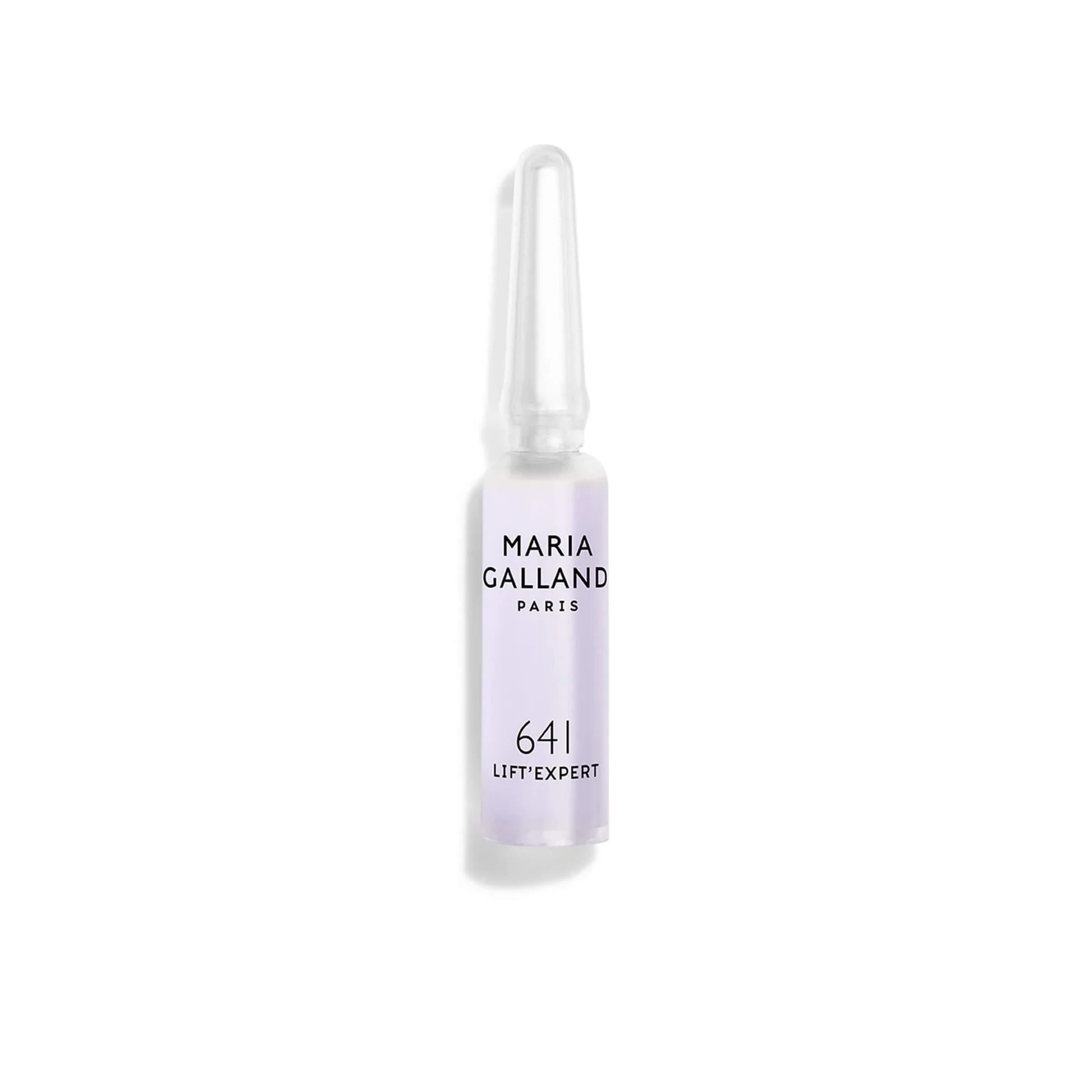 Close-up of a transparent dropper bottle with a lavender label reading 'MARIA GALLAND PARIS' and '64L LIFT' EXPERT'.