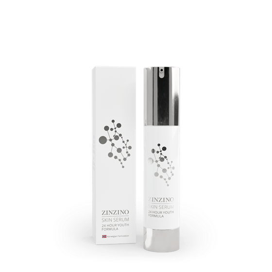ZINZINO Skin Serum bottle beside its white box with a molecular design on a light surface.