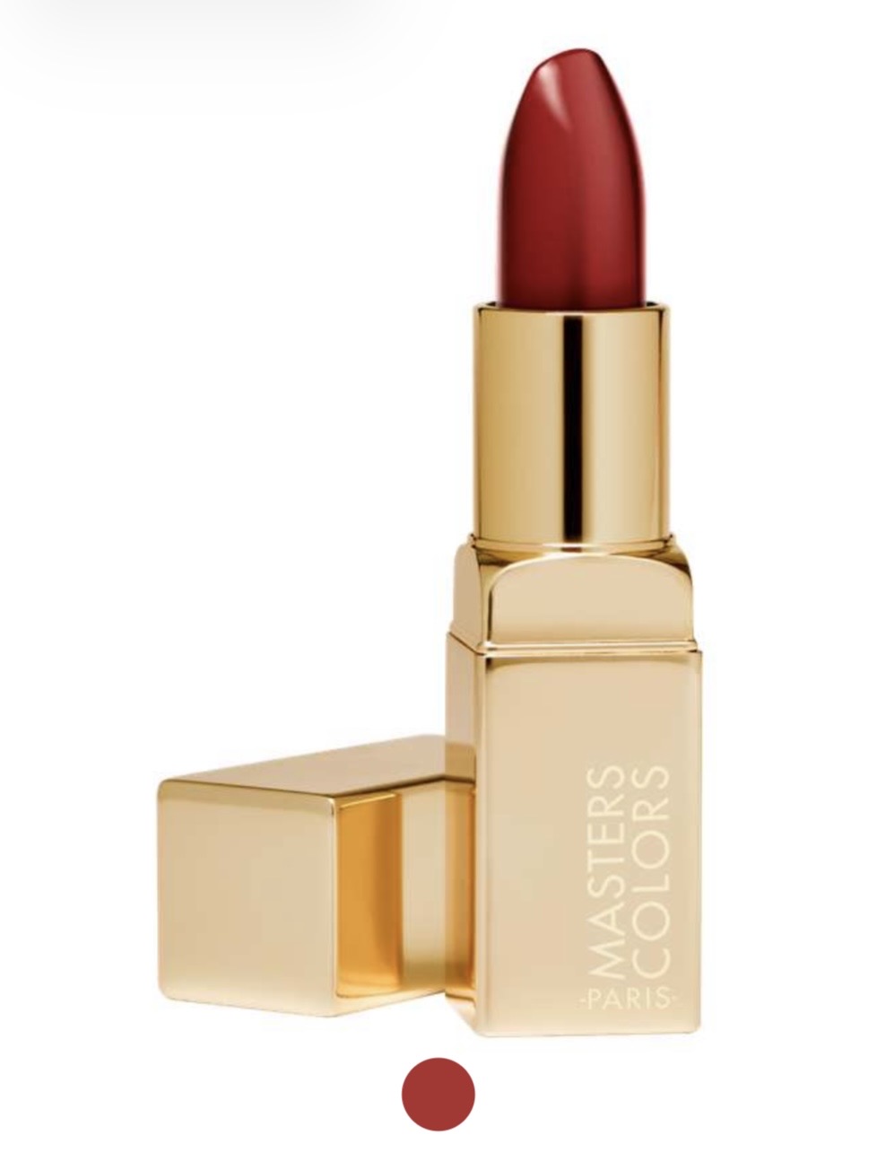 Red lipstick in a gold rectangular case with the cap removed, brand Master Colors Paris on the side, set against a white background.