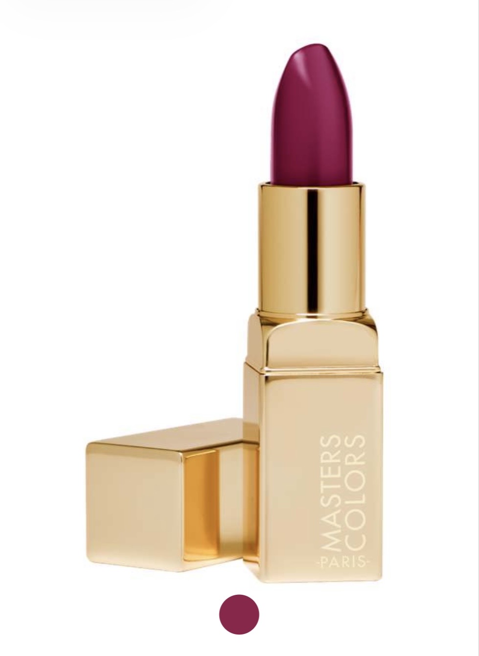 Magenta lipstick in a shiny gold tube with the cap removed and a color swatch below on a white background.