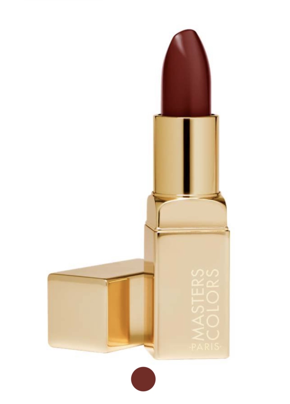 Deep red lipstick in an open gold case with cap beside; brand visible as Masters Colors Paris, color swatch below the tube.