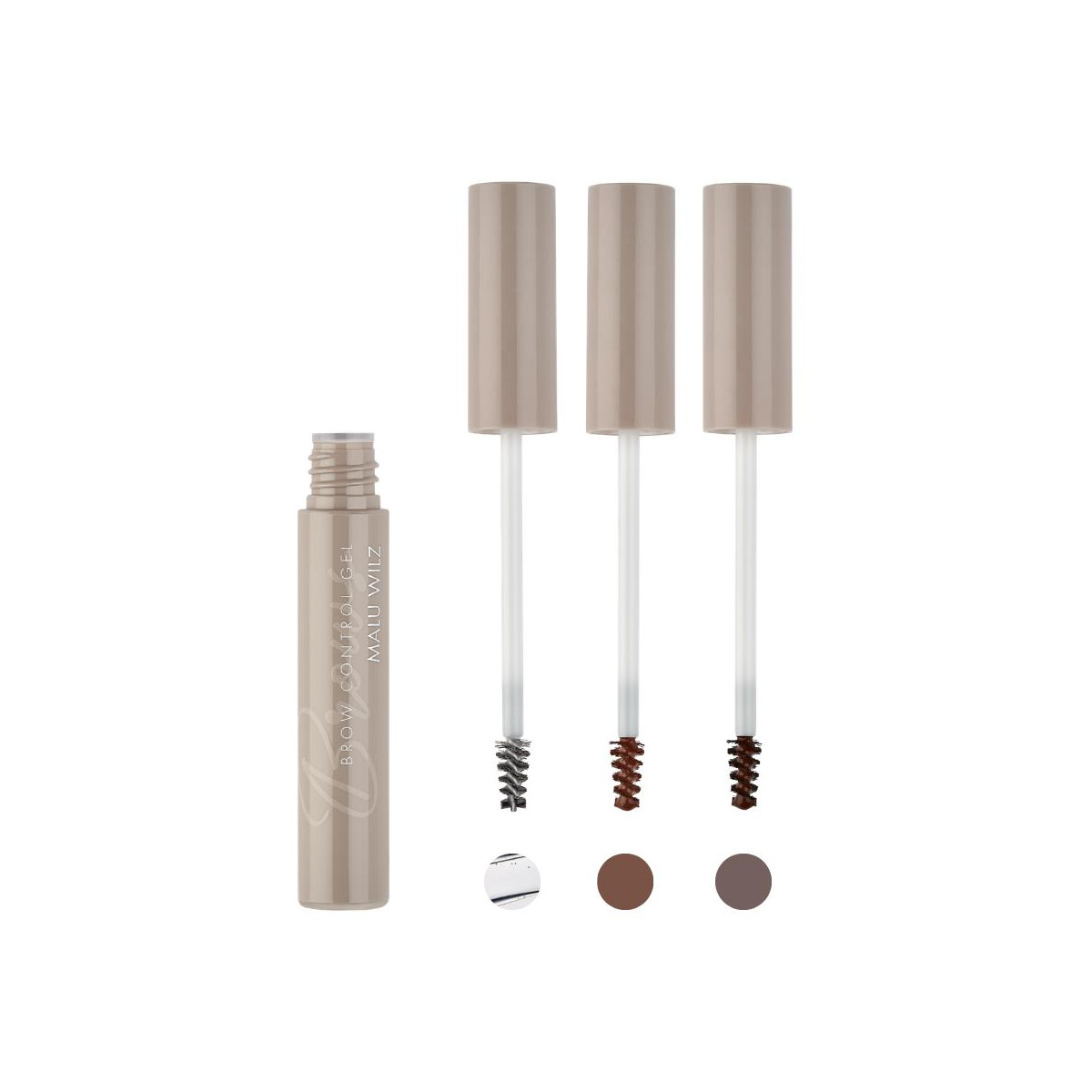 Beige brow gel kit with three applicators and color swatches: light taupe, medium brown, dark brown.