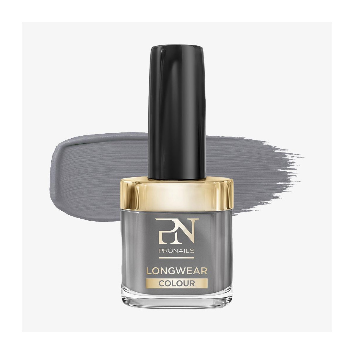 Grey PRONails Longwear Colour nail polish bottle with black cap and gold collar on a pale background with a grey brush stroke behind it.