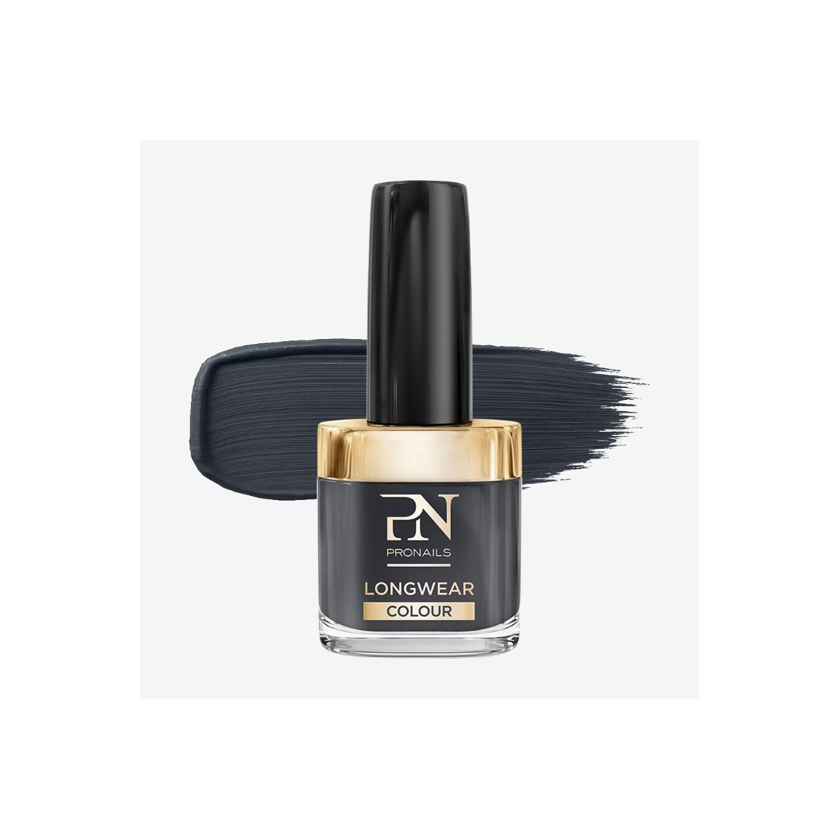 Dark navy nail polish bottle with a shiny gold cap and Pronails Longwear Colour label, with a navy brush stroke in the background.