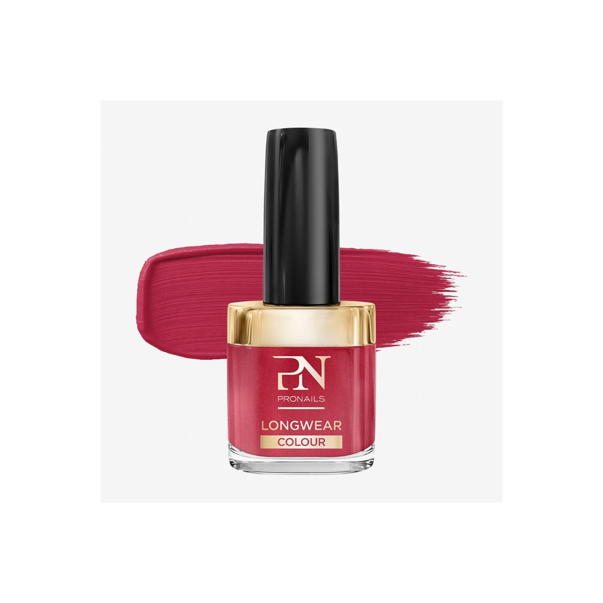 Pink longwear nail polish bottle with black cap and gold collar, pink swatch behind.