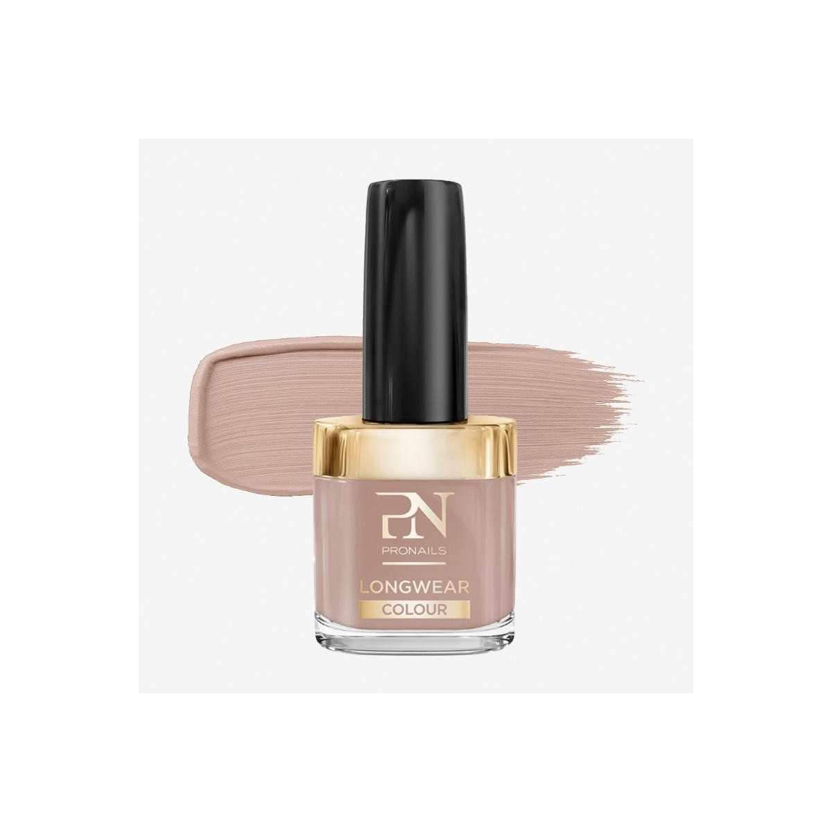 Nail polish bottle labeled PN Longwear Colour with a black cap and a swipe of pink-beige polish in the background