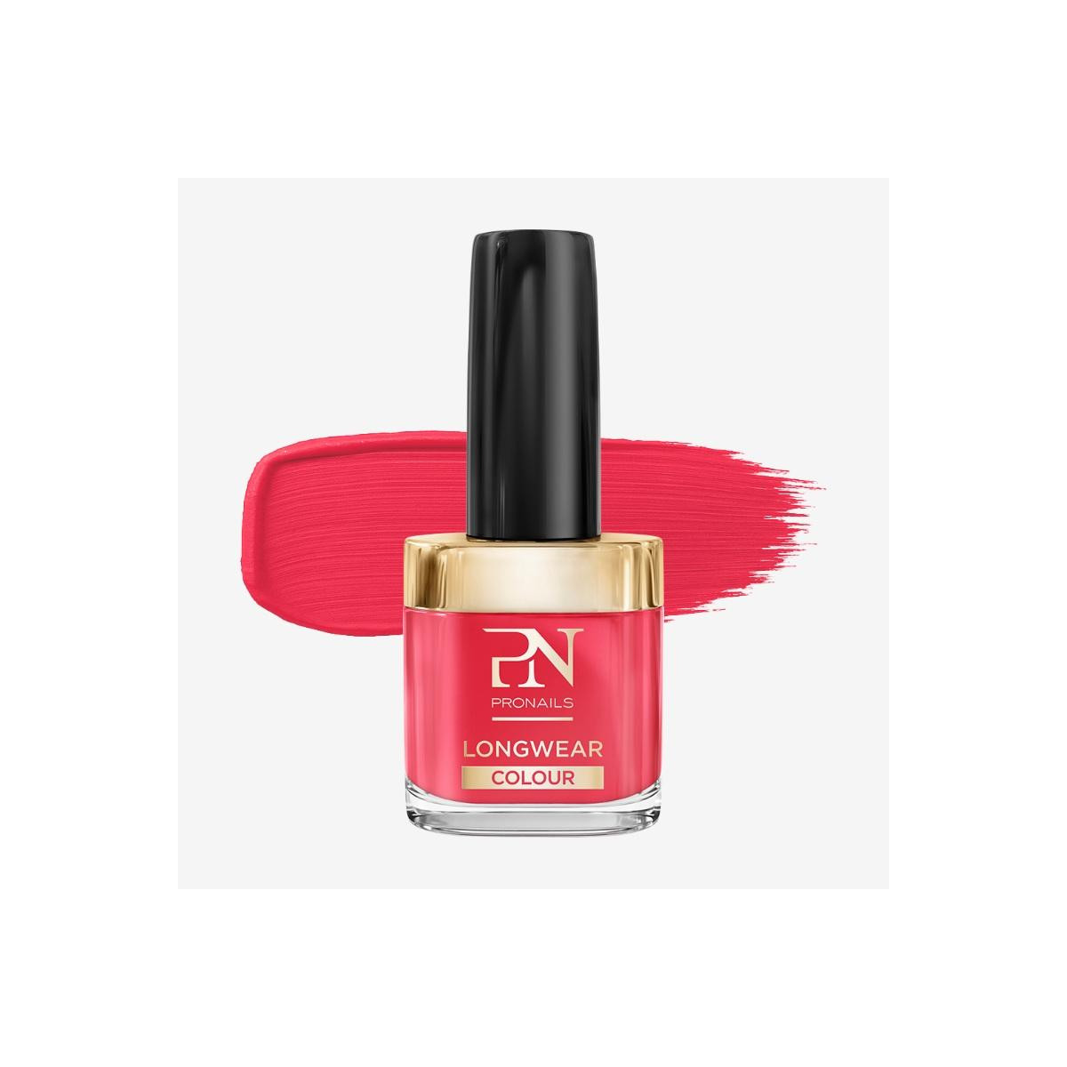 Pink ProNails longwear colour nail polish bottle with a black cap and gold collar, a pink brush stroke behind it.