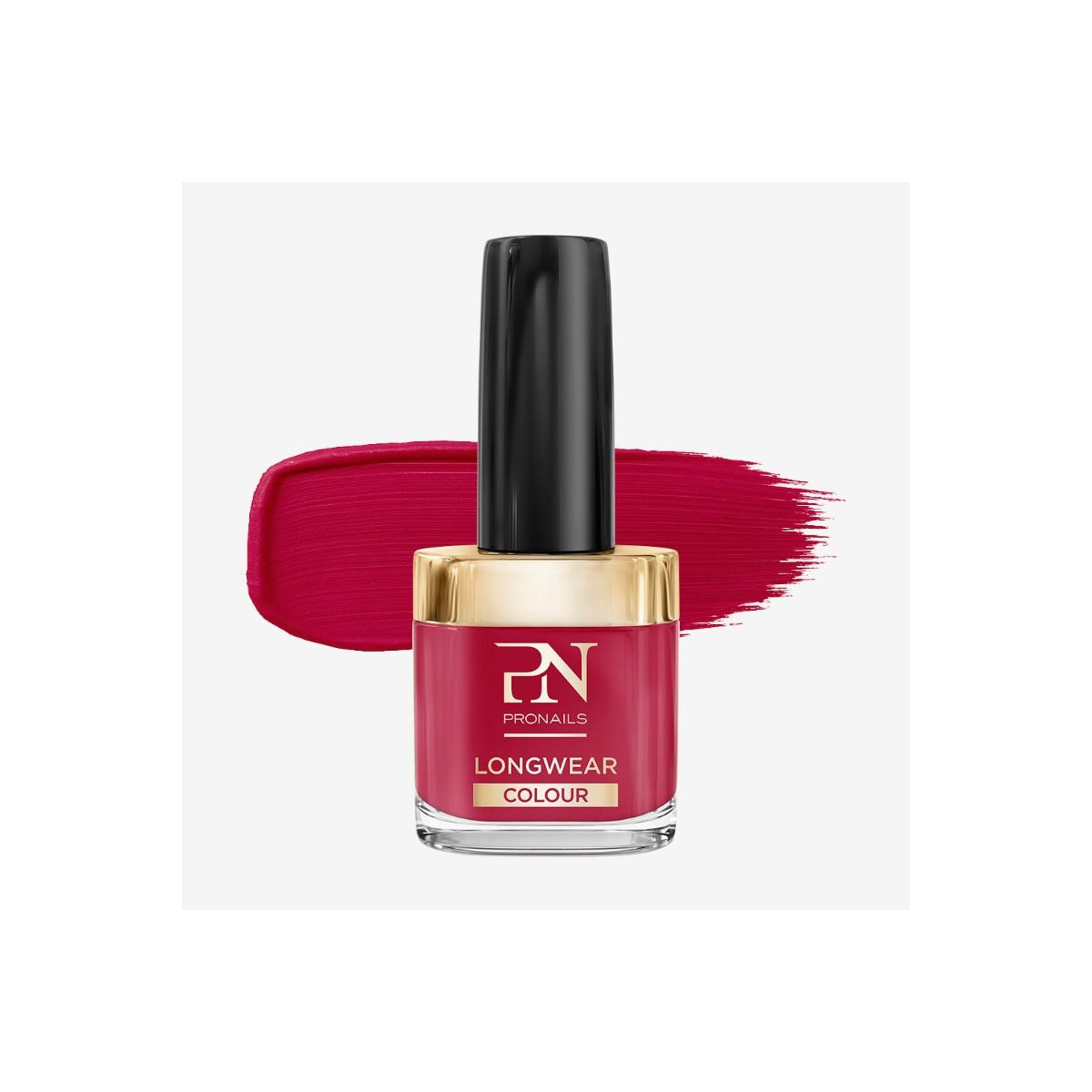 Pink nail polish bottle with black cap and gold collar, bold fuchsia color, brush stroke behind for effect. Product: PRONails Longwear Colour.