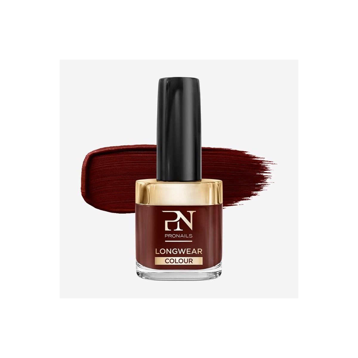 Bottle of Pronails Longwear Colour nail polish in burgundy with a black cap and gold collar, set against a burgundy brushstroke backdrop.