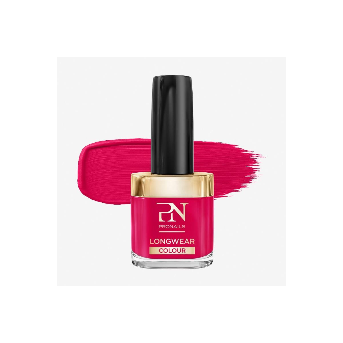 Pink nail polish bottle with black cap and gold collar, bold pink color swash in background, product reads 'PRONAILS LONGWEAR COLOUR' on the bottle