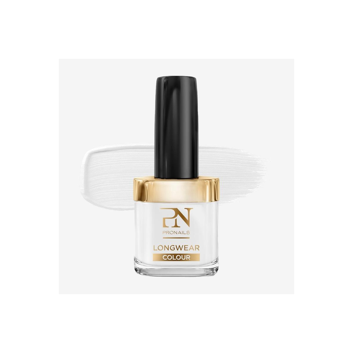 Nail polish bottle with black cap and gold collar labeled 'ProNails Longwear Colour' on a pale background.