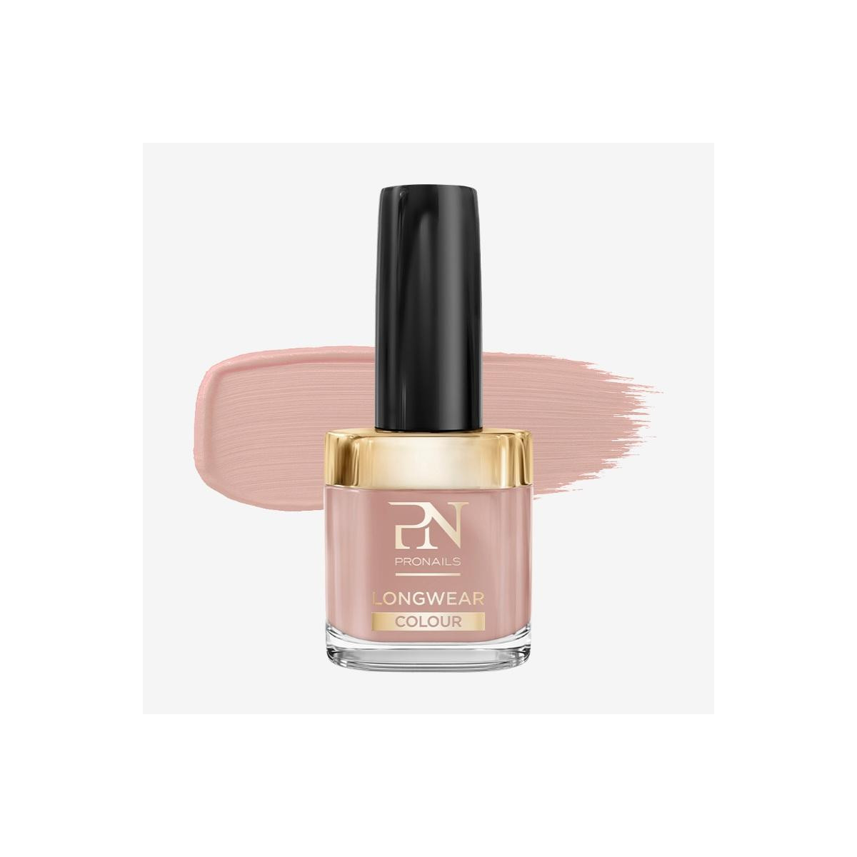 Pink nail polish bottle with black cap and gold collar, labeled PN Pronails Longwear Colour, with a pink swatch brush stroke behind.