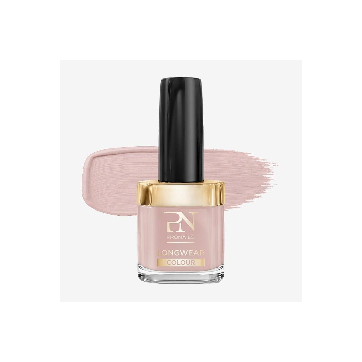 Pink nail polish bottle with black cap and gold collar, a pale pink brush stroke behind.
